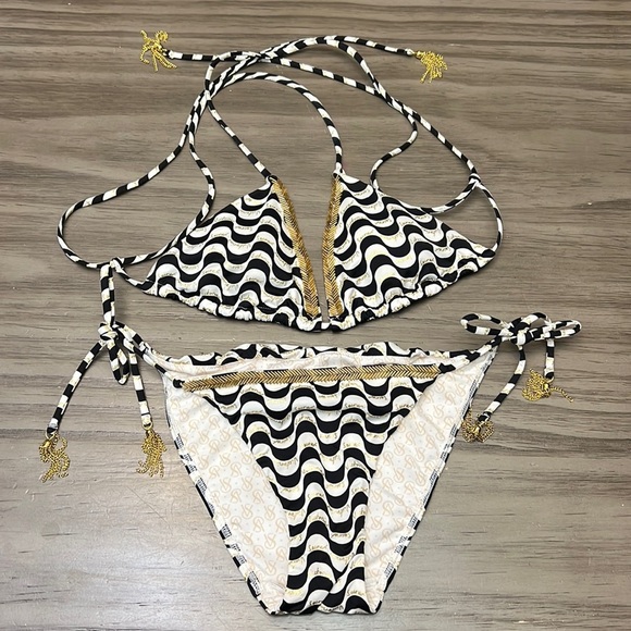 VICTORIA’S SECRET BLACK WHITE GOLD BIKINI SMALL - Picture 1 of 15